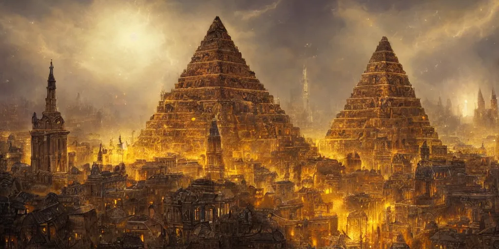 Image similar to magical city of the Great Tartarian Empire adorned with amazing lost technology, lighting resembling fireflies, spires from rooftops collecting and distributing etheric energy, the centerpiece of the city is a colossal ancient pyramid made of metal, cityscape, combining intense detail & utmost quality, Christian Hecker, Artstation, - H 832