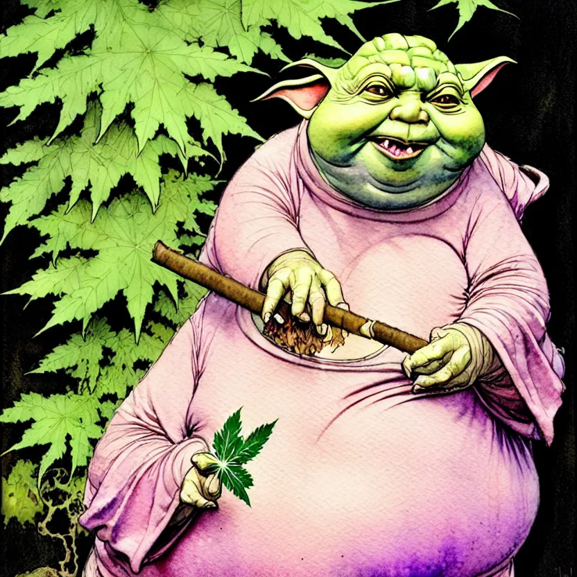 Image similar to a realistic and atmospheric watercolour fantasy character concept art portrait of a fat yoda with pink eyes smiling and holding a blunt with a pot leaf nearby, by rebecca guay, michael kaluta, charles vess and jean moebius giraud