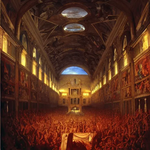 Image similar to the sistine chapel breaks open in half in the ceiling as a red magical portal from hell opens up, lucifer morningstar emerges along with hordes of demons, the priests and the pope look at the scene with terror in their eyes. highly detailed painting by gaston bussiere, greg rutkowski, craig mullins 8 k