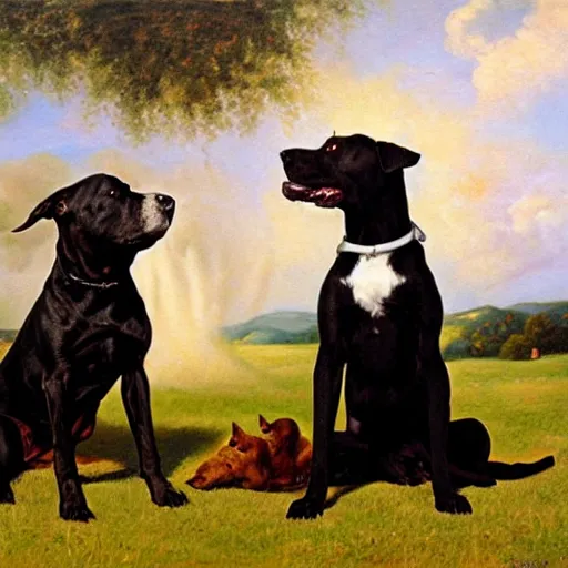 Image similar to black pitbull meets a brown and white Jack russell terrier at the gates of heaven, oil paining, detailed