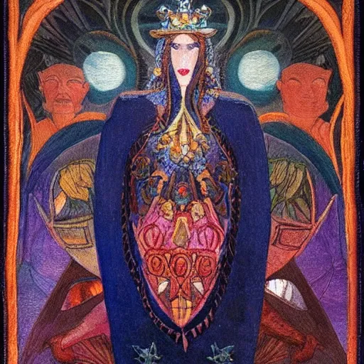 Image similar to the night crown, by Annie Swynnerton and Nicholas Roerich and Diego Rivera, embroidered robes, starry tattoos, elaborate costume, geometric ornament, symbolist, soft colors, dramatic lighting, smooth, sharp focus, extremely detailed