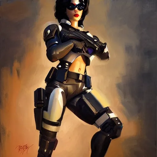 Image similar to greg manchess portrait painting of armored neena thurman aka domino as overwatch character, medium shot, asymmetrical, profile picture, organic painting, sunny day, matte painting, bold shapes, hard edges, street art, trending on artstation, by huang guangjian and gil elvgren and sachin teng