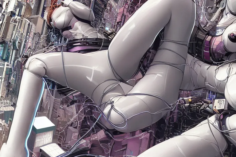 Prompt: a finely composed cyberpunk illustration of a group of white female androids' in style of hajime sorayama, lying on an abstract, empty, white floor with their body parts scattered around and cables and wires coming out, by katsuhiro otomo and masamune shirow, hyper-detailed, colorful, view from above, wide angle, close up, spacious