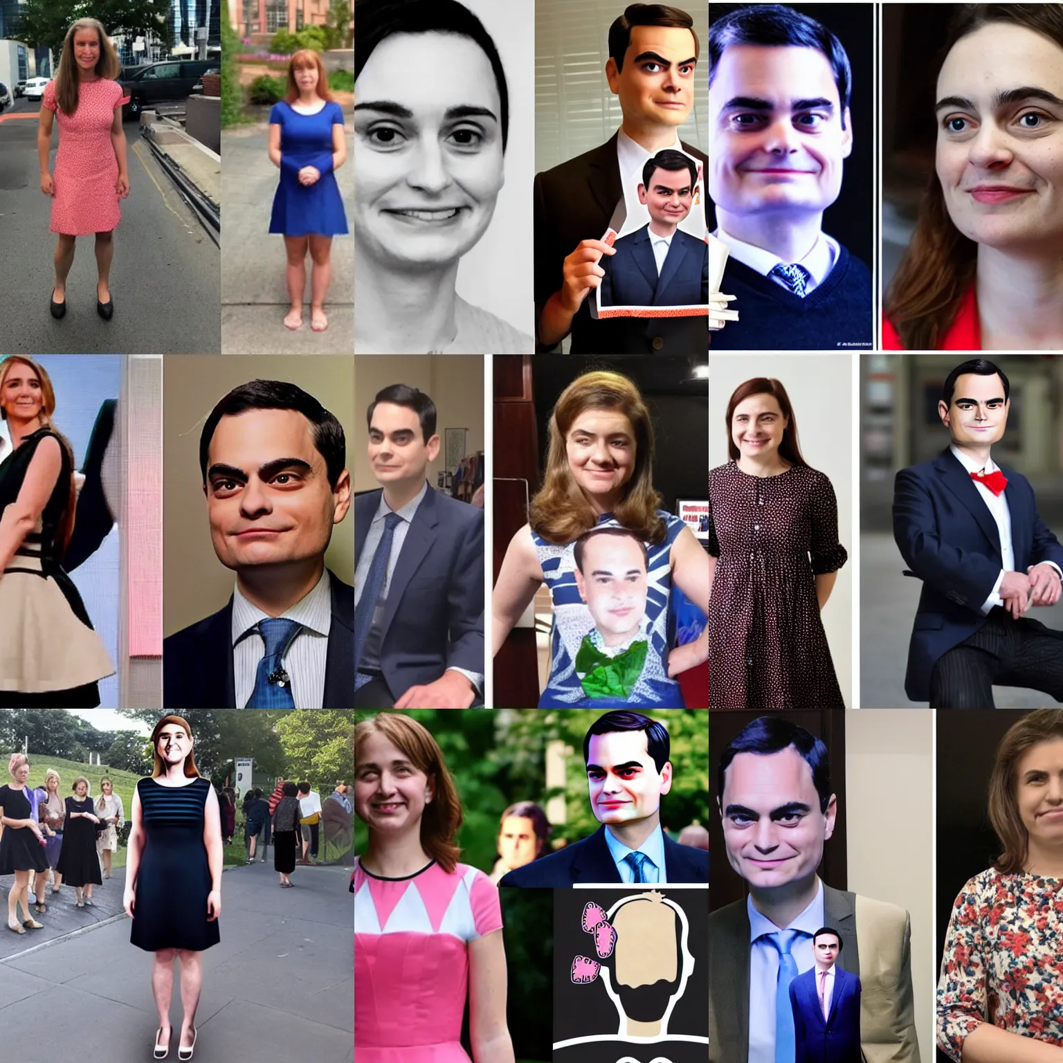 Prompt: a woman wearing a dress with ben shapiro's face, ben shapiro wearing a dress
