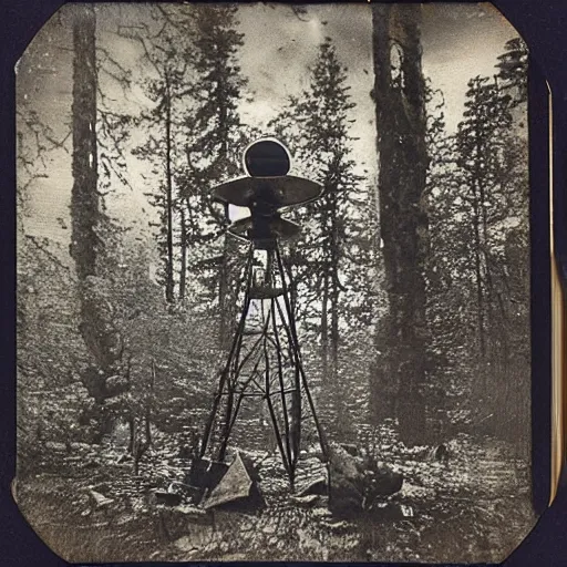 Image similar to old polaroid depicting a small intricate metallic alien probe, standing in a forest clearing