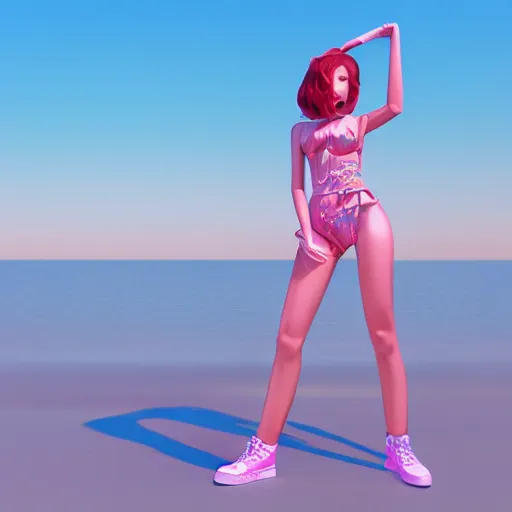 Prompt: fullbody vaporwave art of a fashionable zombie girl at a beach, early 90s cg, 3d render, 80s outrun, low poly, by carpenter brut