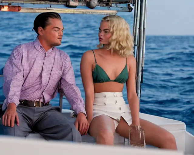 Prompt: leonardo dicaprio as the wolf of wall street next to margot robbie as naomi from the wolf of wall street on a fishing boat, hyper realistic faces, beautiful eyes, cinematic, long shot, hyper detailed, 8 5 mm photograph, 8 k resolution, film still, sharp lens, wide lens