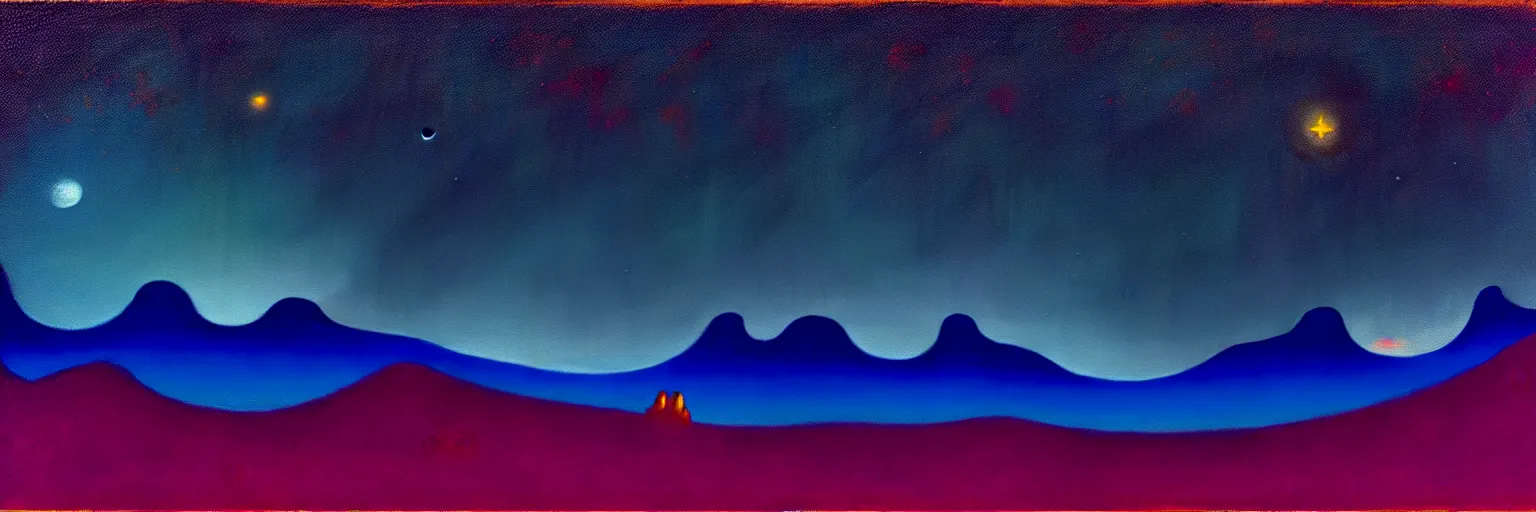 Image similar to cartoon paul lehr narrow night landscape with farawaymountains dark blue tones