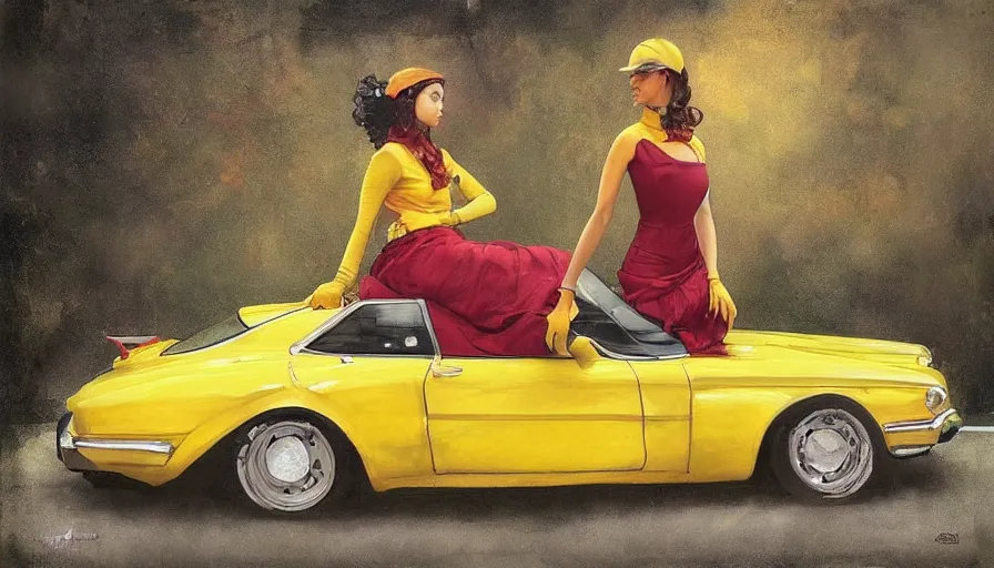 Prompt: a picture of a yellow-car parked next to a red-hydrant with a woman in a yellow-dress sitting on the hood, BEUTIFUL!, surreal, in style of Tom Bagshaw, artgerm, norman rockwell, Edward Hopper