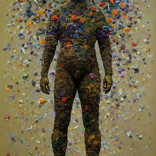 Image similar to a full body sculpture portrait made of stars and dust and flowers and plants, painting part by wojciech siudmak, part by ilya repin, part by max ernst, part by norman rockwell, artstation