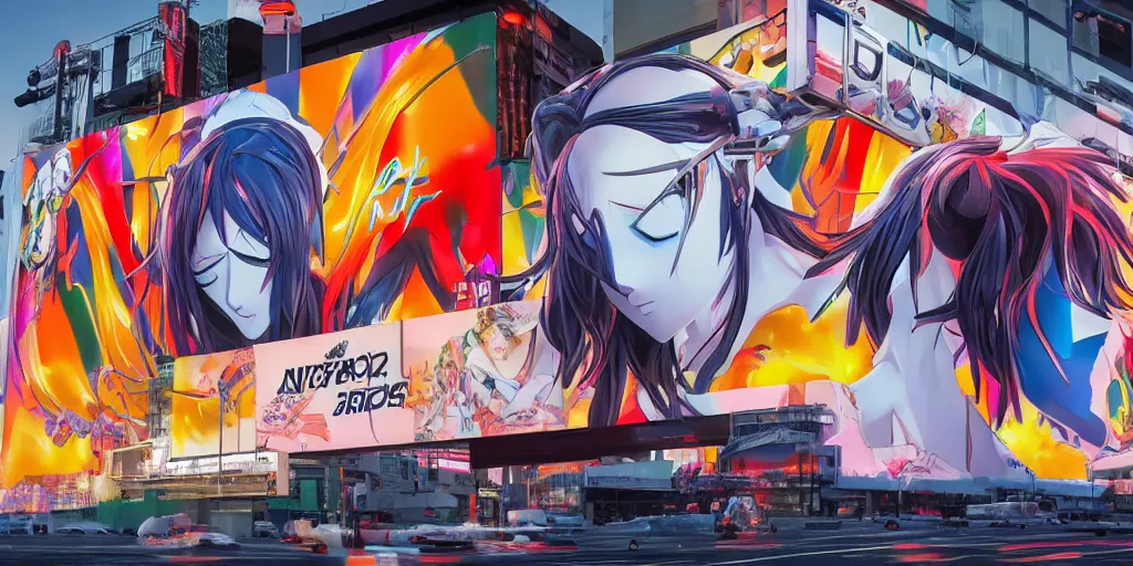 Image similar to billboard advertisement with an extremely beautiful photo of a white marble statue of an anime girl with colorful motocross logos and motorcycle helmet with closed visor, colorful smoke in the background, carved marble statue, fine art, neon genesis evangelion, virgil abloh, offwhite, denoise, highly detailed, 8 k, hyperreal