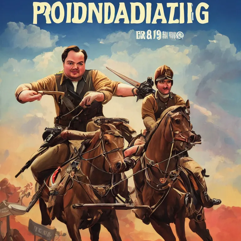 Prompt: propaganda poster rich evans holding a gun riding a chariot, 8 k, tredning on artstation