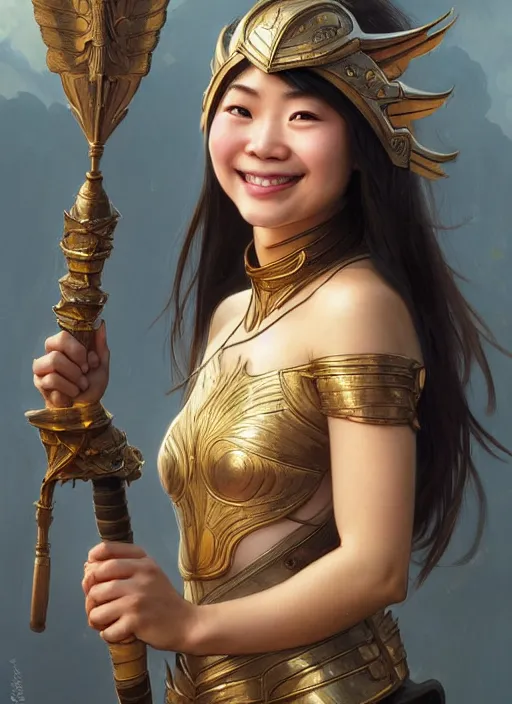 Image similar to Close-up portrait of smiling young asian woman wearing a winged helmet and bare shoulders, holding a magic staff, portrait, highly detailed, digital painting, artstation, concept art, sharp focus, illustration, art by artgerm and greg rutkowski and alphonse mucha