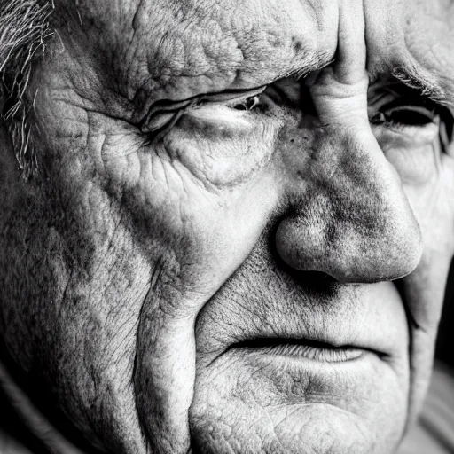 Image similar to close up face portrait of old man, scowling, studio lighting, depth of field, photography, black and white, highly detailed