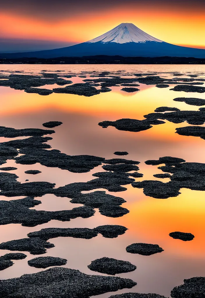 Prompt: clouds curling around mount fuji reflected on the lake surface at sunset, national geographic award - winning landscape photography