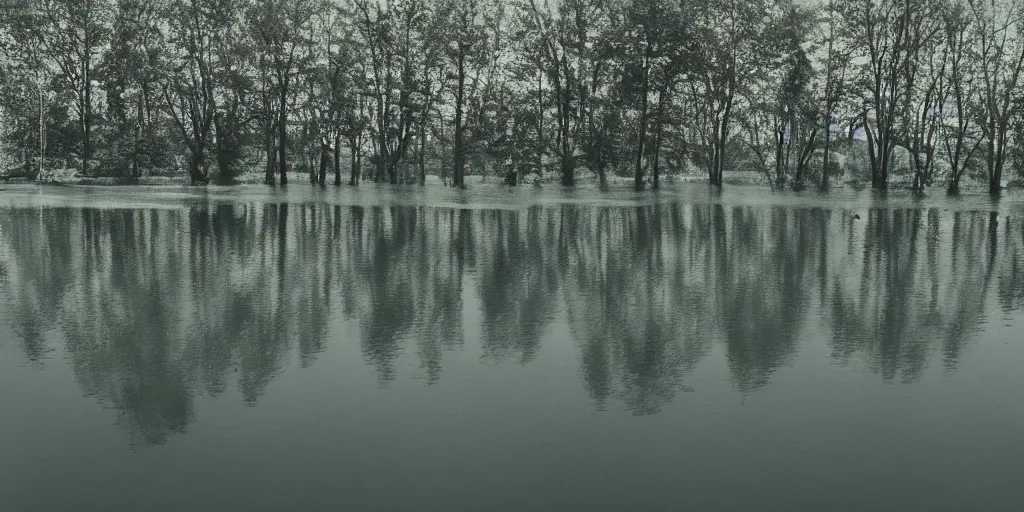 Prompt: centered photograph of a infinitely long rope zig zagging snaking across the surface of the water into the distance, floating submerged rope stretching out towards the center of the lake, a dark lake on a cloudy day, color film, trees in the background, hyper - detailed photo, anamorphic lens