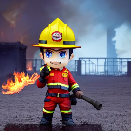 Image similar to dirty heroic firefighter in action as nendoroid in black and yellow uniform, with fire flames and ruined building in background, sharp details, sharp focus, anime, disney, pixar, 8 k, hd, dof, kodak film, volumetric lighting, subsurface scattering, photorealistic, octane render, details