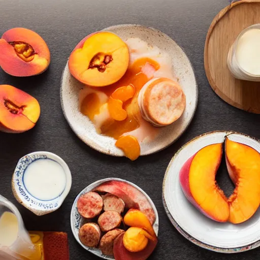 Prompt: a plate of breakfast foods containing sliced peaches and sausage linked, food photography, hyperdetailed