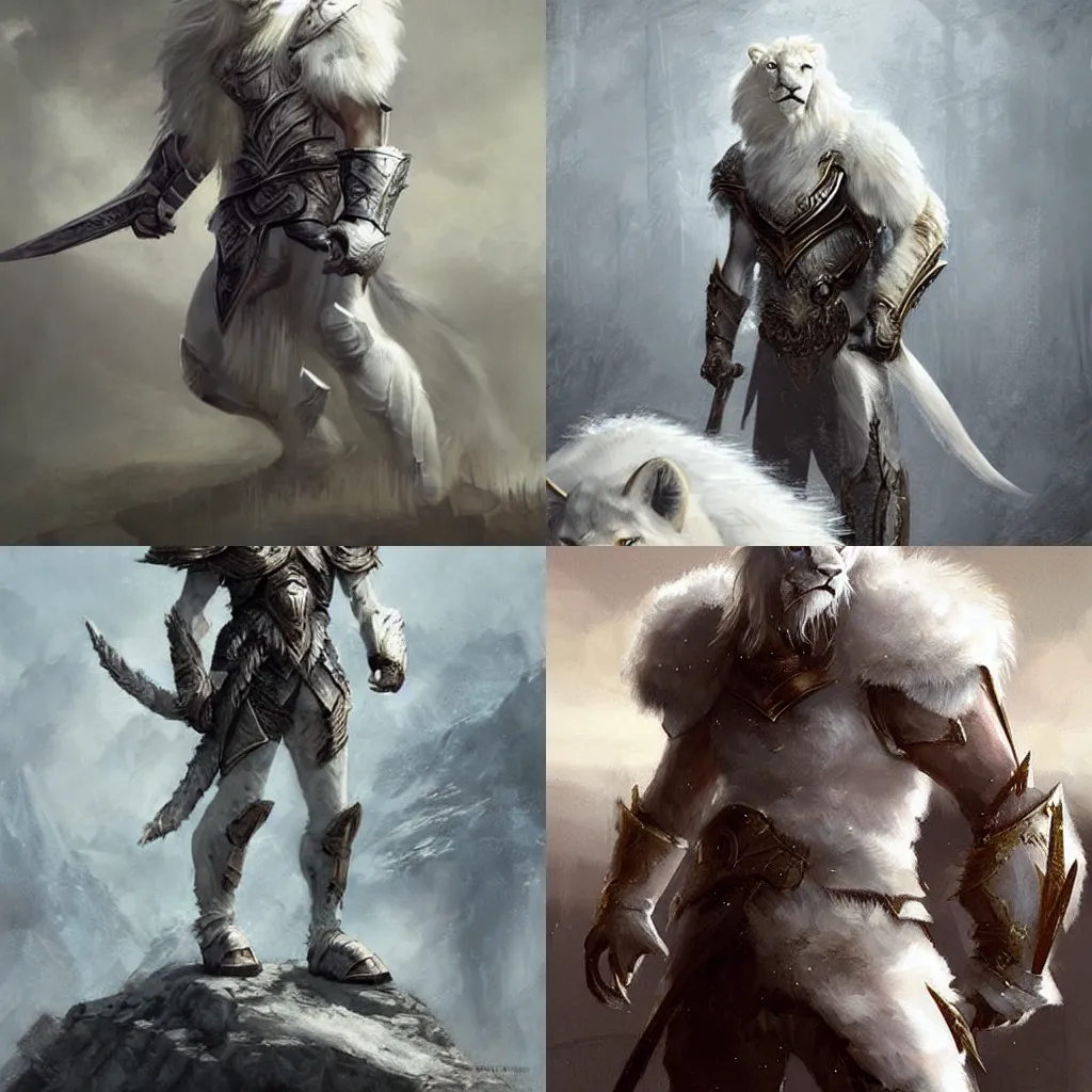 Prompt: a white lion wearing skyrim armor,digital art,highly detailed,art by greg rutkowski