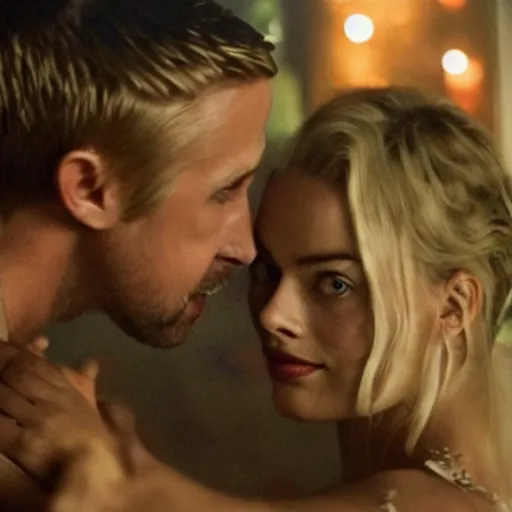 Image similar to still of ryan gosling and margot robbie, in apocalypse now