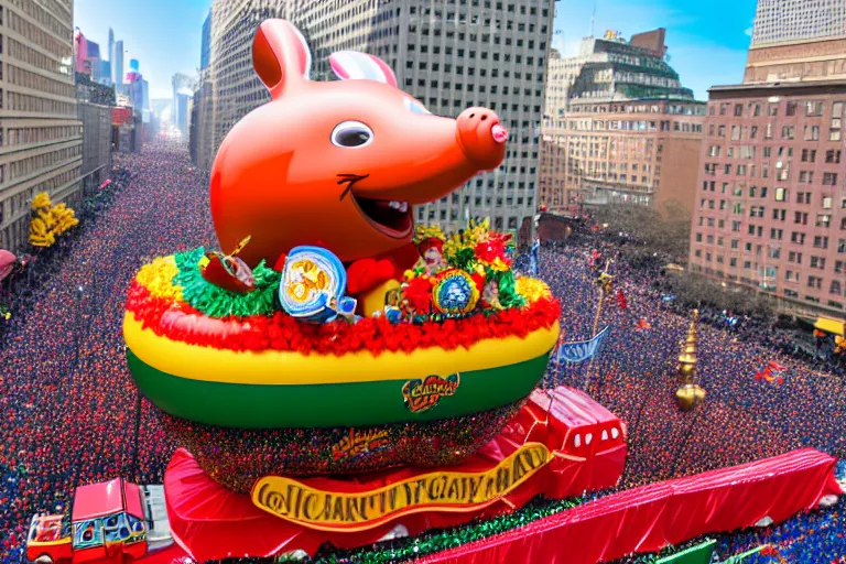 Prompt: photo of giant beautiful elaborate parade float designed by richard scarry, in the macys parade, detailed 4 k photo,