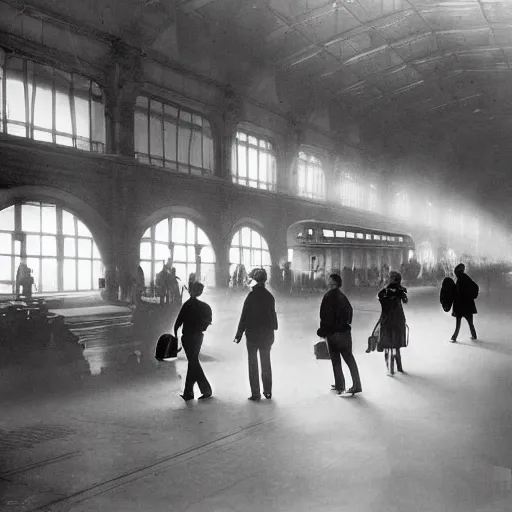 Prompt: a black and white photo of people in a train station, photograph by hal morey, a matte painting by hugh ferriss, featured on cg society, light and space, volumetric lighting, matte drawing, global illumination