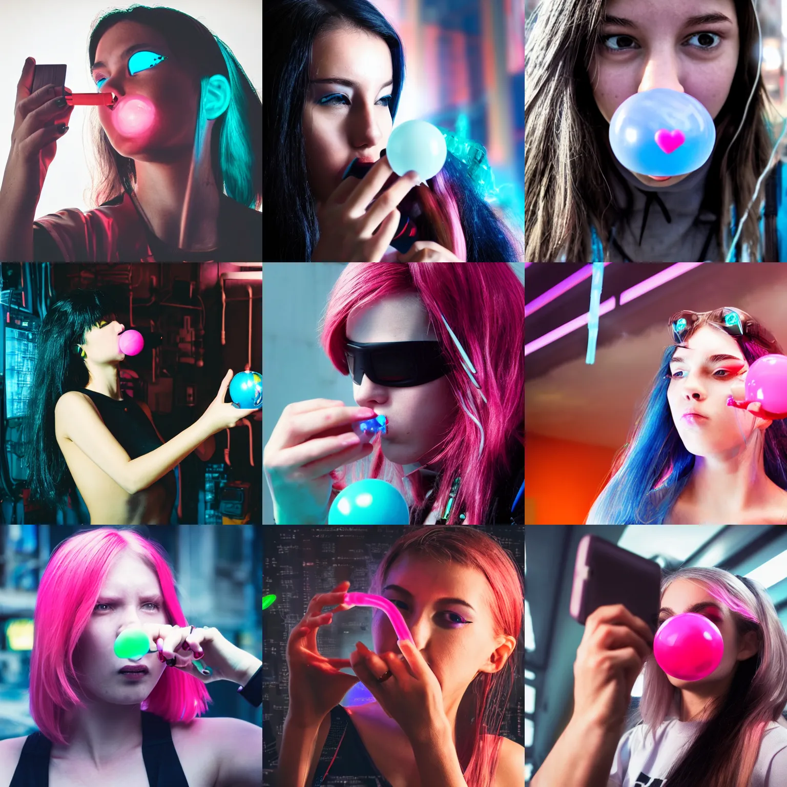 Prompt: selfie of a cyberpunk girl blowing a bubblegum