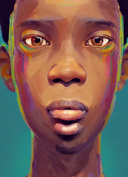 Image similar to colourful upper half portrait of an african boy with exaggerated features - art by aya takano & hsiao - ron cheng, highly detailed, digital painting, illustration, smooth, sharp focus, intricate, symmetry, pinterest, behance, artstation