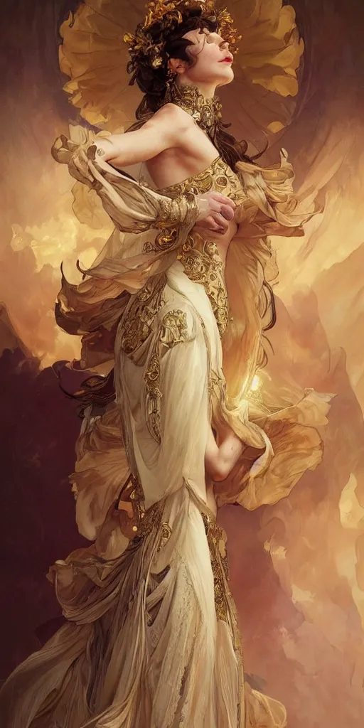 Image similar to portrait of a dream, ethereal, expressive pose, acrobatic, golden eyes, ornate frilly dress, fantasy, intricate, elegant, highly detailed, digital painting, artstation, concept art, smooth, sharp focus, illustration, art by artgerm and greg rutkowski and alphonse mucha