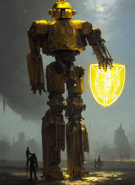 Prompt: human-sized strong intricate yellow pit droid carrying very detailed perfect antique great sword and beautiful large paladin shield, pancake short large head, exposed metal bones, painterly humanoid mecha, slightly far away, by Greg Rutkowski, epic painting