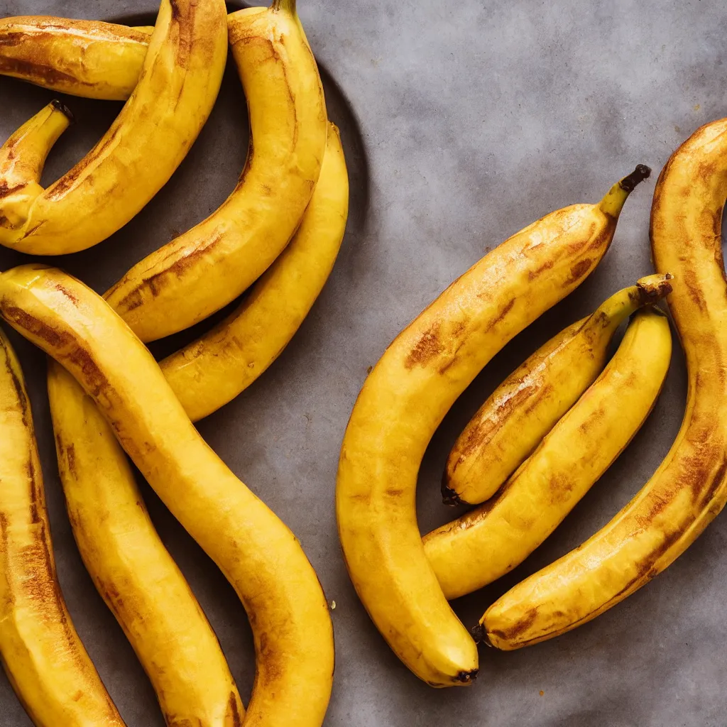 Prompt: long ripe bananas with orange skin, closeup, hyper real, food photography, high quality