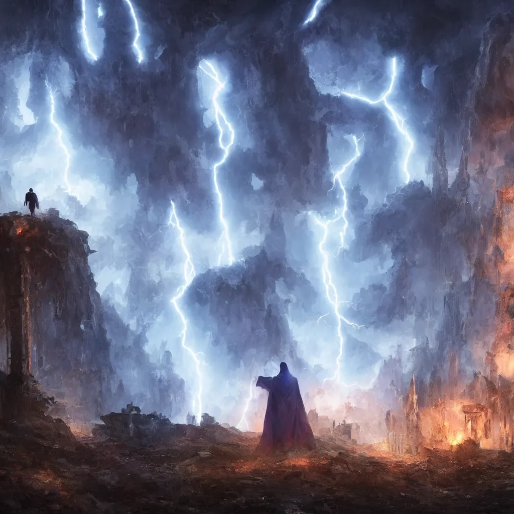 Image similar to a still of a cloaked figure standing in the ruins of crux prime, monastery, there is lightning, blue fiery maelstrom in the distance, it is raining, digital art, artstationhq