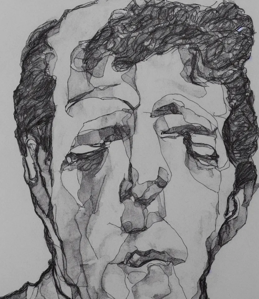 Image similar to minimalist line art portrait of leonard cohen, inspired by egon schiele. contour lines, freestyle twirls and curves, musicality, quick sketch