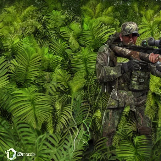 Prompt: camouflaged sniper hidden in jungle bushes aiming, dense foliage, trending on artstation, 4 k, hyperrealistic,