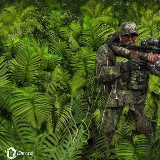 Camouflaged Hunter In Jungle Like Area With Sniper Rifle , He Must Blend  Into Surrounding To Not Be Detected Stock Photo, Picture and Royalty Free  Image. Image 67250301.