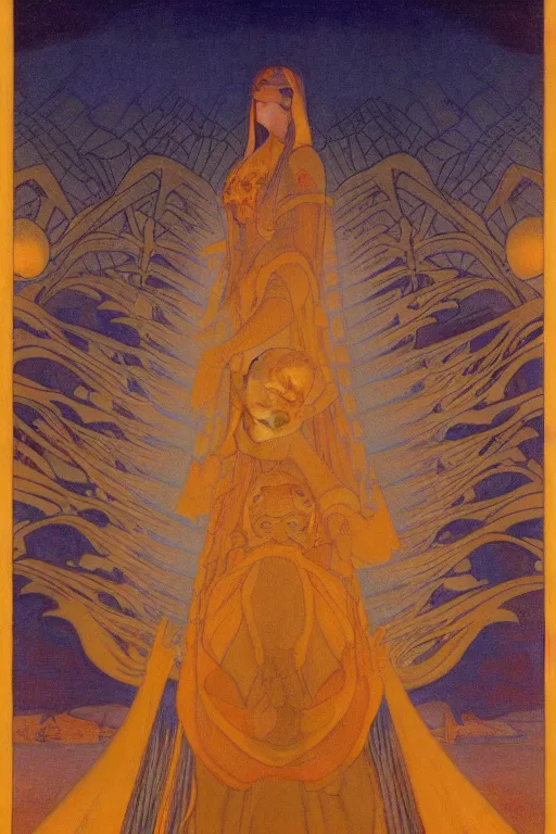 Prompt: queen of the night river, by Nicholas Roerich and jean delville and Maxfield Parrish, dramatic cinematic lighting , ornate headdress , lost civilizations, extremely detailed