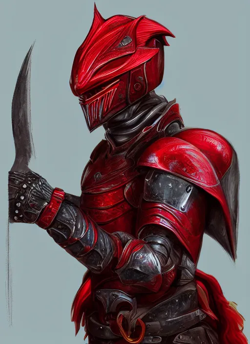 Prompt: a well designed portrait of future knight wearing red dragon helmet, detailed, realistic, artstation, 8 k
