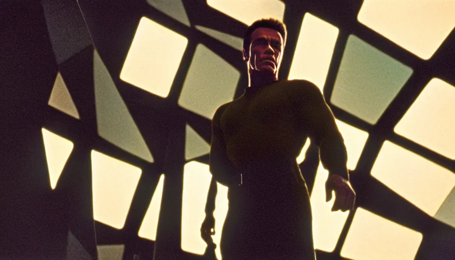 Image similar to 1 9 6 0 s movie still of arnold schwarzenegger, 2 0 0 1 a space odyssey, cinestill 8 0 0 t 3 5 mm, high quality, heavy grain, high detail, panoramic, cinematic composition, dramatic light, ultra wide lens, anamorphic, flares