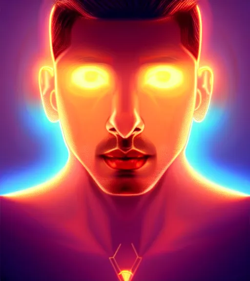 Image similar to symmetry!! indian prince of technology, solid cube of light, hard edges, product render retro - futuristic poster scifi, lasers and neon circuits, brown skin handsome indian prince, intricate, elegant, highly detailed, digital painting, artstation, concept art, smooth, sharp focus, illustration, dreamlike, art by artgerm