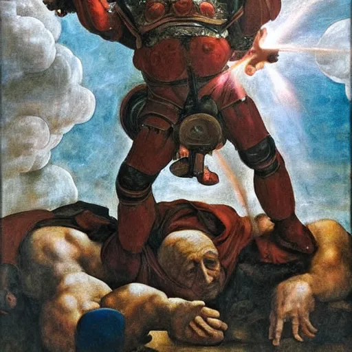 Image similar to Danny Devito as God dressed in an exosuit, heaven, War, Battle, Smiting the Devil, Holding Light in his hands, Lightbeams, clouds, surreal, Leonardo Divinci inspired, Michael Angelo inspired, Painting, Religious art