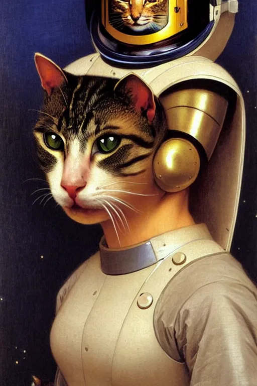 Image similar to portrait of a cat astronaut with japanese armor and helmet, by bouguereau