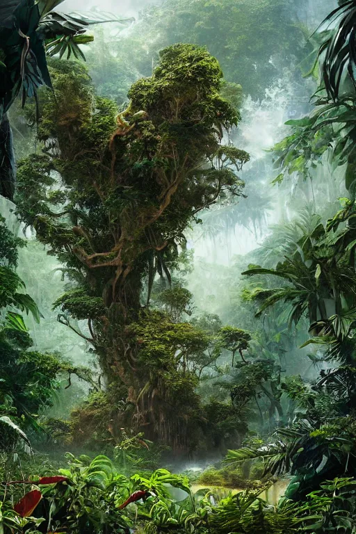 Prompt: a giant plant in the exotic jungle, landscape, alex ross, david finch, concept art, matte painting, highly detailed, rule of thirds, dynamic lighting, cinematic, detailed, denoised, centerd