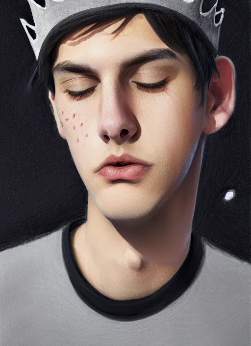 Image similar to portrait of teenage jughead jones wearing a light grey crown, photorealistic, crown, sweater with letter s on it, hamburger, eyes closed, crown, black hair, intricate, elegant, glowing lights, highly detailed, digital painting, artstation, concept art, smooth, sharp focus, illustration, art by wlop, mars ravelo and greg rutkowski