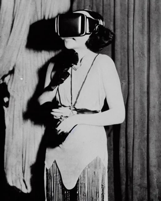 Image similar to 1 9 2 0 s photo of a flapper girl wearing a vr headset on a stage in a speakeasy