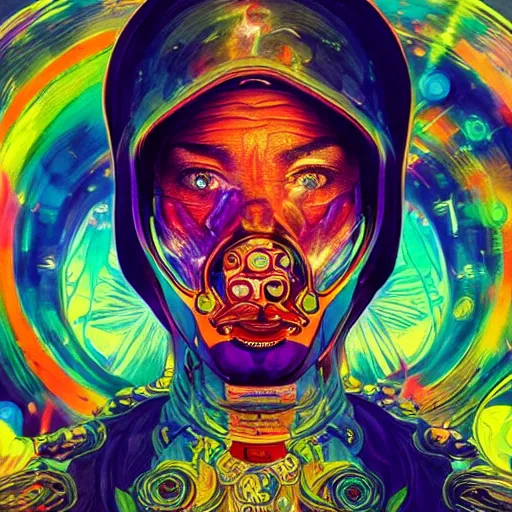 Image similar to An extremely psychedelic experience, colorful, surreal, dramatic lighting, cosmonaut, LSD, face, detailed, intricate, elegant, highly detailed, digital painting, artstation, concept art, smooth, sharp focus, illustration, art by Sam Spratt, Dan Mumford, Artem Demura and Alphonse Mucha