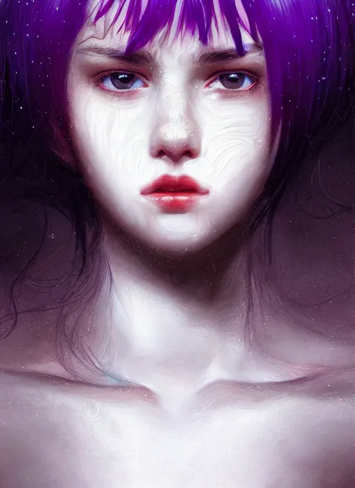 Prompt: hair whitebangs hair, black hair, whitebangsblackhair, portrait of teenage girl with white bangs, messy bangs, curly bangs, whitebangs, red irises, purple clothes, intricate, elegant, glowing lights, highly detailed, digital painting, artstation, concept art, sharp focus, illustration, art by wlop, mars ravelo and greg rutkowski