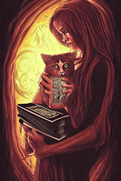 Image similar to silvio berlusconi illustration of romantic girl, her cat and her book of necronomicon, symmetrical, cinematic, sharp focus, 4 k, ultra hd, sense of awe, sinister demonic atmosphere, dreadful, forbidden knowledge, old gods, cthulhu, yog - sothoth! yah, yah, yah! cultist journal cover