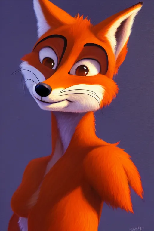 Image similar to oil painting of anthromorphic female fox, in style of zootopia, female fursona, furry, furaffinity, 4 k, deviantart, furry art, fursona art, wearing black business suit, business suit, fox fursona, nick wilde female, female, smug expression,