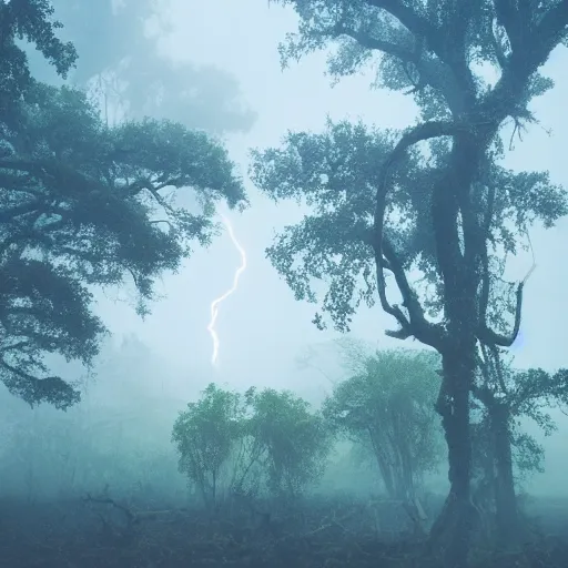 Image similar to A landscape of a jungle and a tornado, a hurricane, foggy landscape, blue bright sky