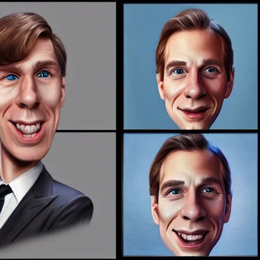 Image similar to Caricature portraits done of Jerma, realistic, hyperrealistic, very realistic, highly detailed, very detailed, extremely detailed, detailed, oil painting, digital art, trending on artstation